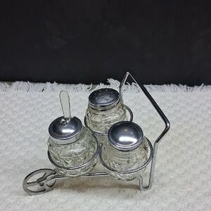 Vintage Anchor Hocking glass and metal wheelbarrow condiment set
